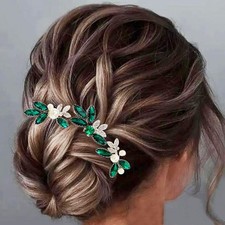 Green Crystal Bride Wedding Hair Pins Silver Pearl Bridal Hair Pieces Rhinest...