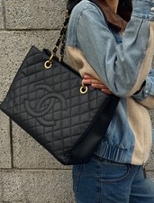 Chanel GST Black Caviar Quilted Leather Gold Chain Shoulder Tote Handbag