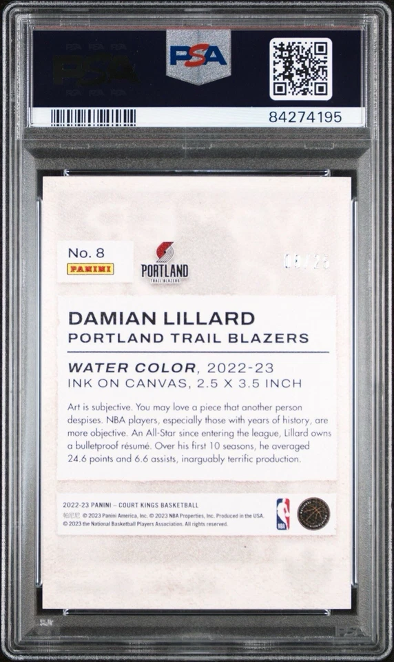 2022-23 Panini Court Kings acuarela Damian Lillard #8 PSA 10 zafiros/25 Foto 3 de 4
