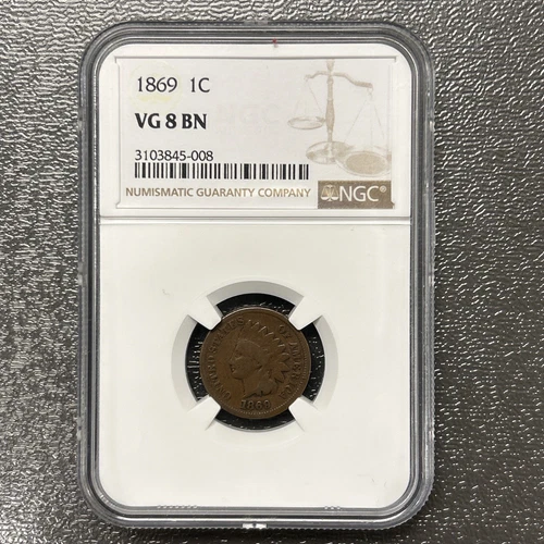 1869 Indian Head Cent Penny NGC VG8 BN Brown.