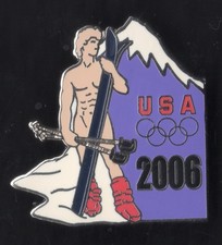 TORINO 2006. OLYMPIC GAMES PIN. TEAM USA. NAKED ATHLETE HOLDING SKI GEAR