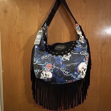 NWT Ed Hardy Fringed Hobo Shoulder Bag - Skulls Roses - Blue