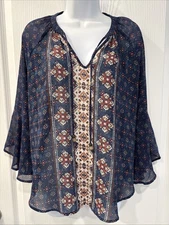 Jolt Top Blouse Boho Aztec 3/4 Flowy Sleeve Blue Brown XL Bead Tie