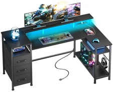 55 Inch L Shaped Computer Desk with Power Outlets and LED Lights, Reversible