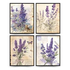 Vintage Lavender Wall Art Prints 8x10, Retro Botanical Flower Decor, Dictiona...