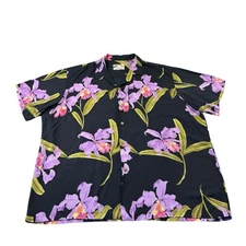 Paradise Found Black Purple Floral Orchid AOP Hawaiian Button Front Size 2XL XXL