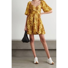 Faithfull the Brand Yellow Snakeskin Puff Sleeve Tie Front Mini Dress Womens