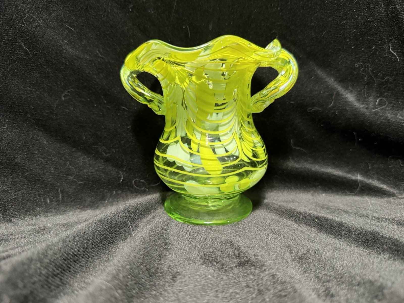 VTG Art Glass Handled 4.5” Vase Hand Blown Confetti Swirl Ruffled Edge