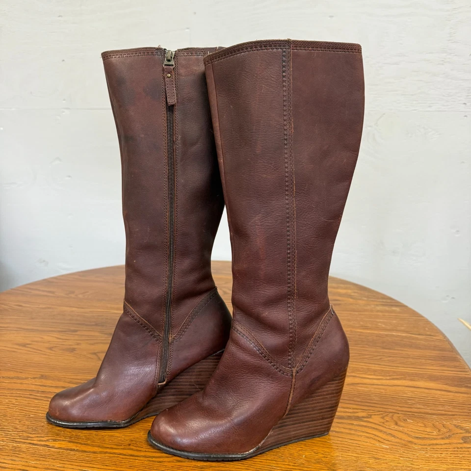 Fossil Brown Leather Knee High Wedge Boots Size 10 - Image 2 of 4