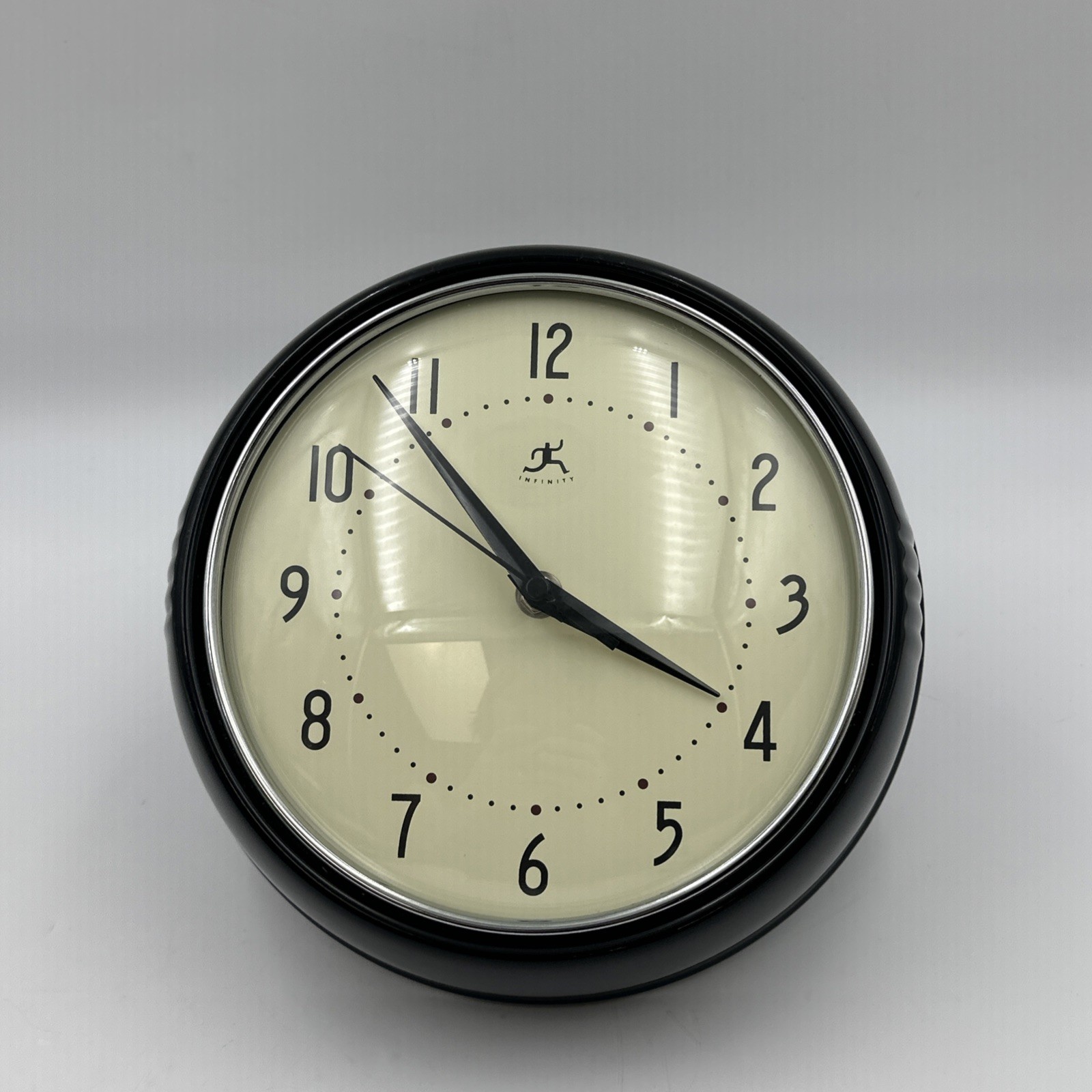 Infinity Instruments Wall Clock Retro 9 . 5 Round Black Glass Face Silent Quartz