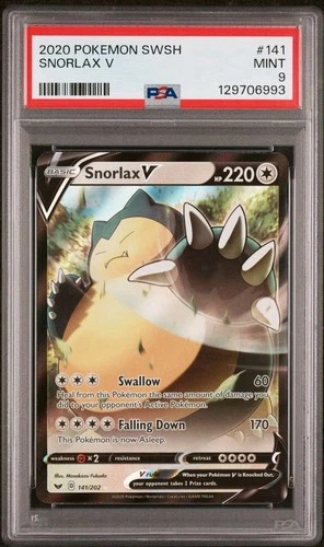 2020 Pokemon Sword & Shield Base # 141 Snorlax V PSA 9 Card MINT Trusted Seller!