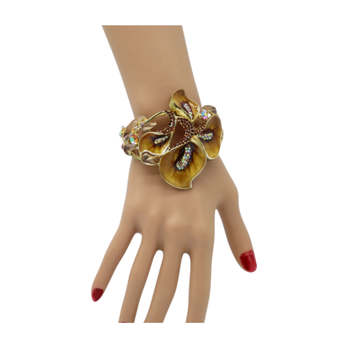 New Women Gold Metal Lily Brown Flower Wrist Cuff Bracelet Bling Fashion Jewelry - Picture 9 of 24