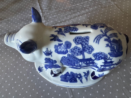 Large Vintage Ceramic Blue & White Willow Pattern Pig Piggy Bank Money Box VGC - 第 21/22 張圖片