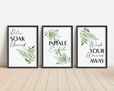 Bathroom Botanical Prints, Leaf Wall Art, Relax Soak, Unwind Quote Wall Art A4