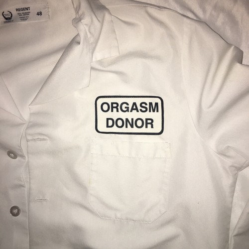 HALLOWEEN Gag White Lab Coat " ORGASM DONOR" Costume Chest 48” Cosplay - Picture 6 of 11