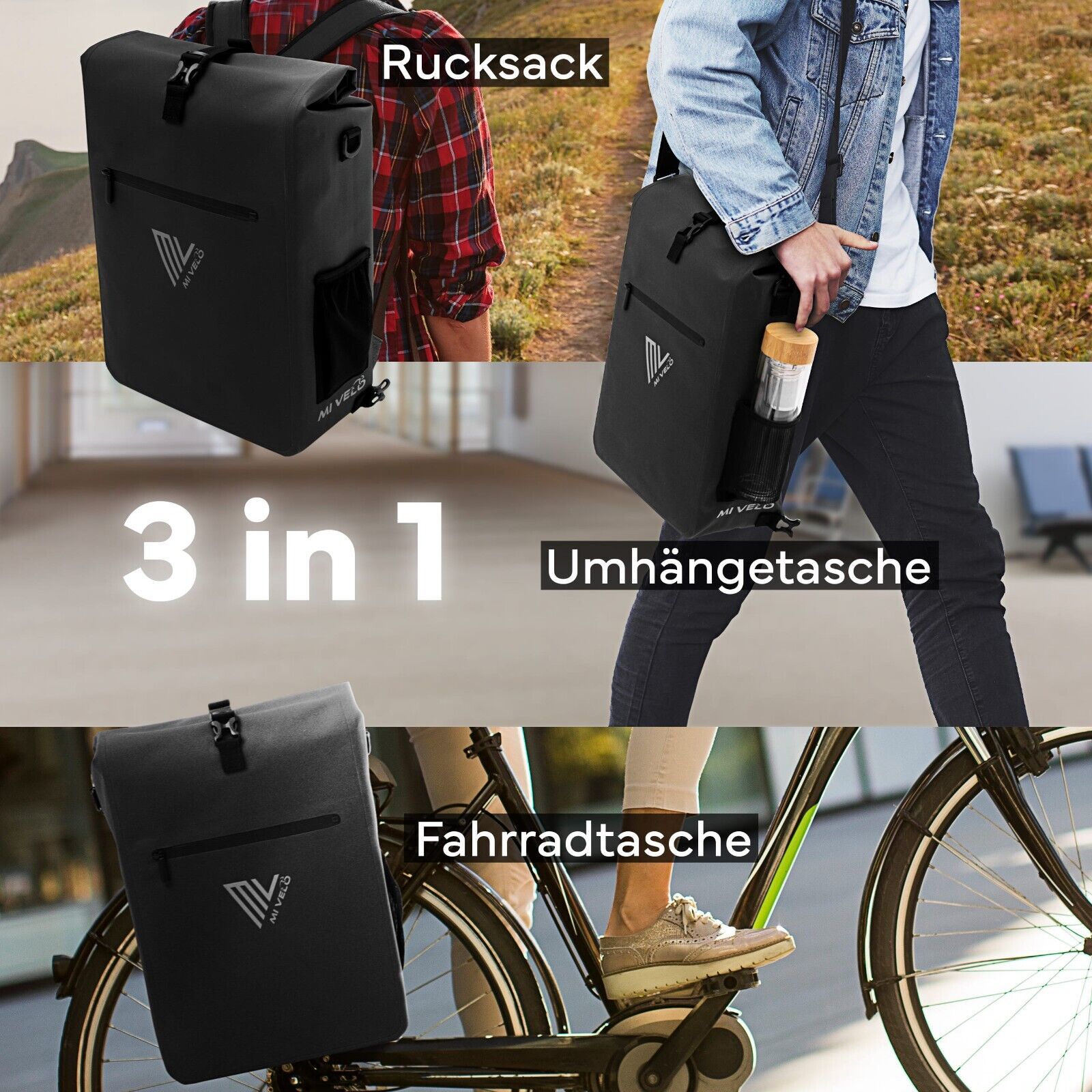MIVELO 3in1 Fahrradtasche Rucksack Gepäckträgertasche wasserdicht schwarz 25L