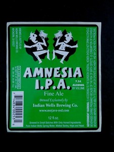BEER LABEL AMNESIA I.P.A. FINE ALE, INDIAN WELLS BREWING CO. INYOKERN, CA unused