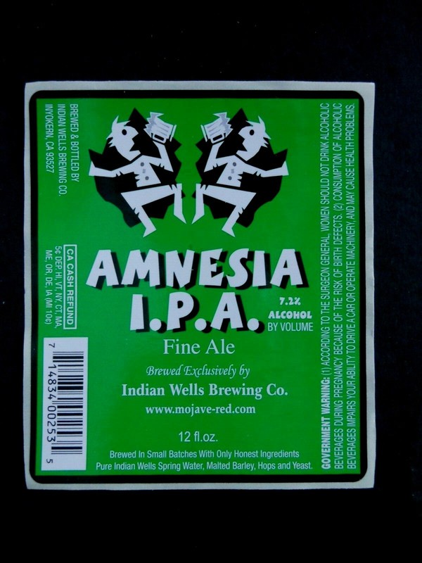 BEER LABEL AMNESIA I.P.A. FINE ALE, INDIAN WELLS BREWING CO. INYOKERN, CA unused