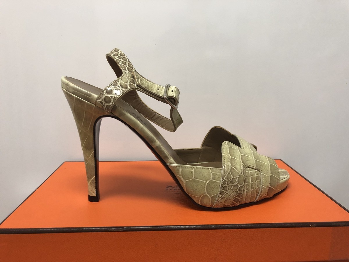 HERMES Paris Oran Première Crocodile H Women's Sandals Heels