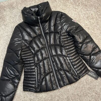 NWT Guess Midweight Puffer Jacket Women Size Large Black Full Zip