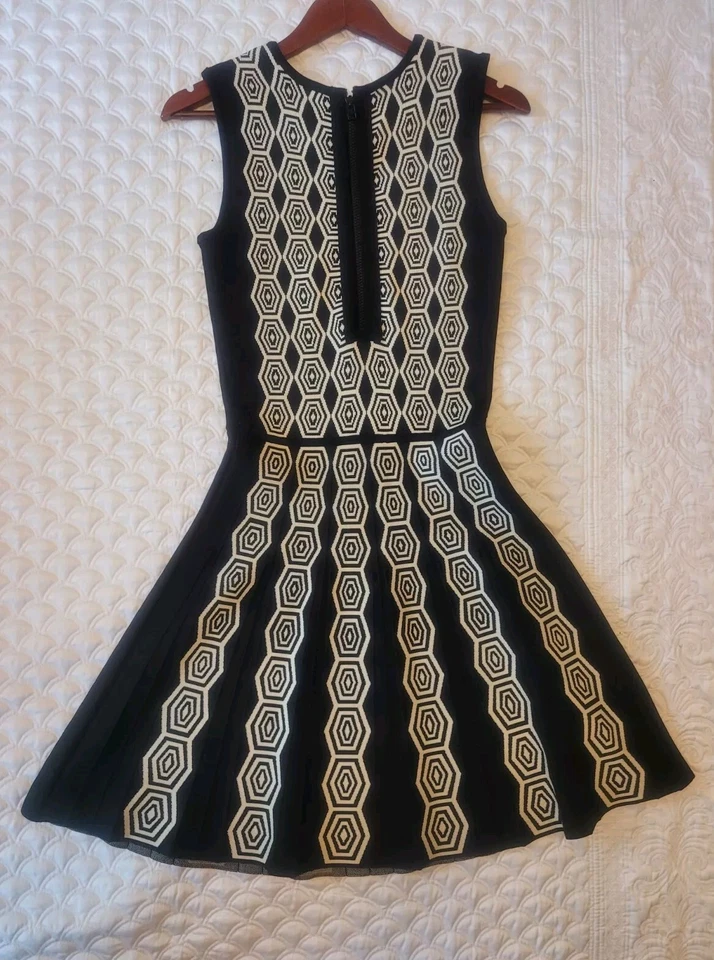 Vestido Rosa Tartán Diseñador 4 Pequeño Negro Elastizado Línea A Midi Hexagonal en la Ciudad Usado en Excelente Condición Foto 3 de 4
