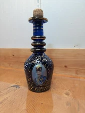 Vintage Bohemian Cobalt Blue Glass Decenter Bottle Persian Mosser Overlay Enamel