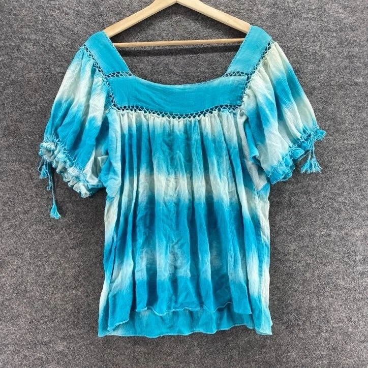 Blusa ECI Mujer 14 Azul Rayas Cuello Cuadrado Manga Corta Algodón Pullover Informal Foto 2 de 4