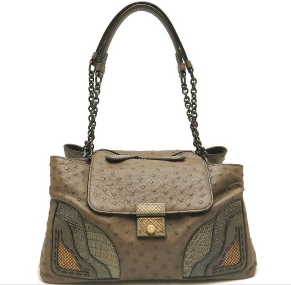 Bottega Veneta Ostrich Leather Handbag Tote Bag Brown Gunmetal Japan Pre-owned