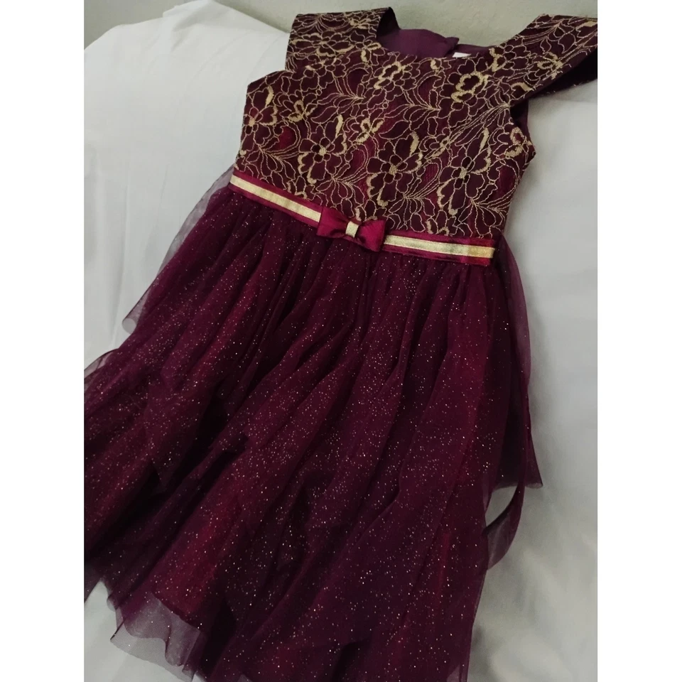 Vestido de fiesta para niñas Borgoña Dorado Encaje Brillante en capas Ocasión Vacaciones Talla 8 Foto 4 de 4