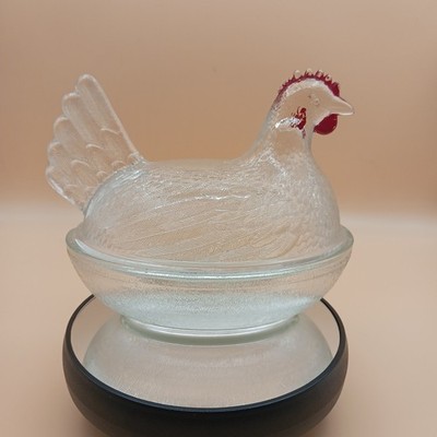 Indiana Glass Clear Hen on Nest Beadless Nest Red Paint Accents