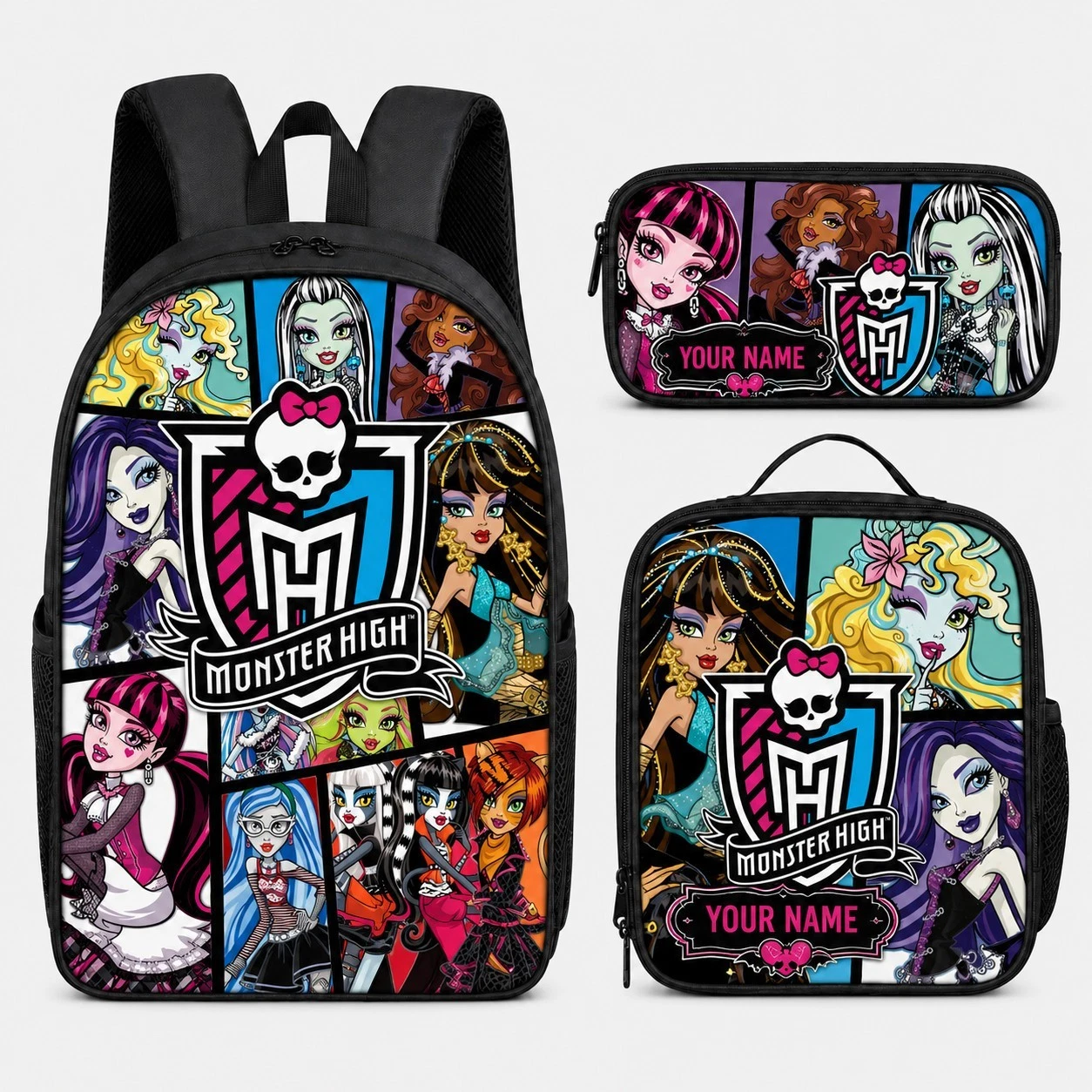 Custom Name black Gothic Cartoon Backpack Set Kids School Bag Lunch Bag