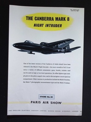 Original 1955 Advert English Electric Canberra Mark 8 Night Intruder