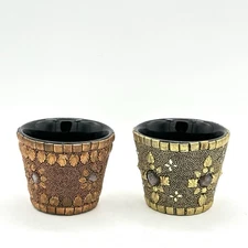 Two Beautiful Mosaic Votive Candle Holders Black And Gold