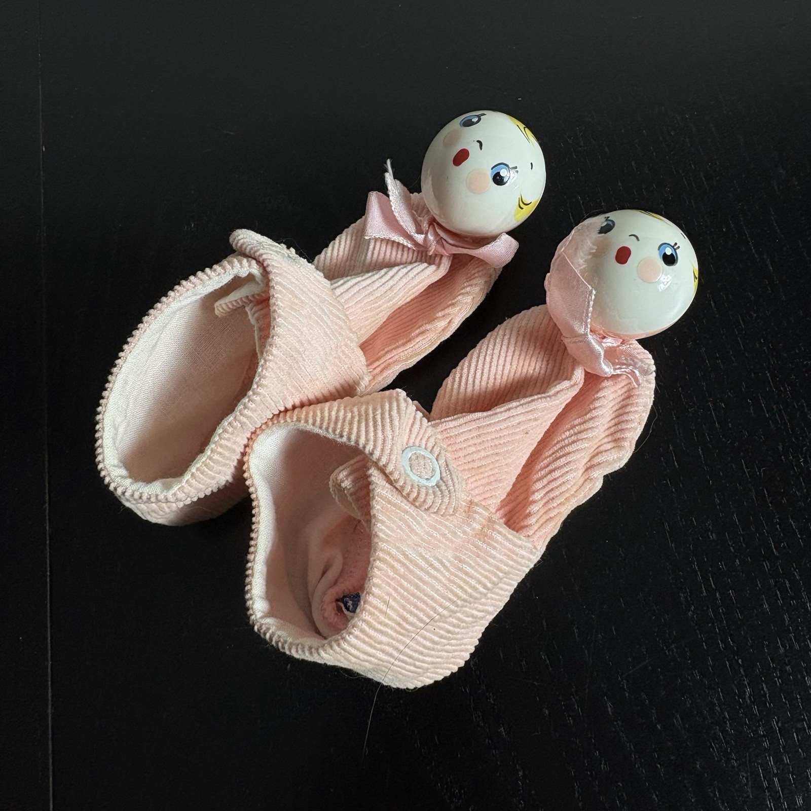 Pink Corduroy Baby Booties Celluloid Rattle