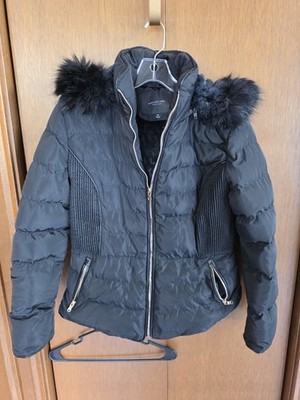 Marc New York Andrew Marc Black Hooded Fur Trim Quilted Puffer Coat M Mid-Length