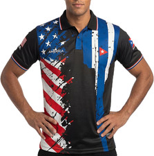 USA CUBA DUAL HERITAGE UNISEX POLO SHIRT AMERICAN CUBAN FLAG SHORT SLEEVE