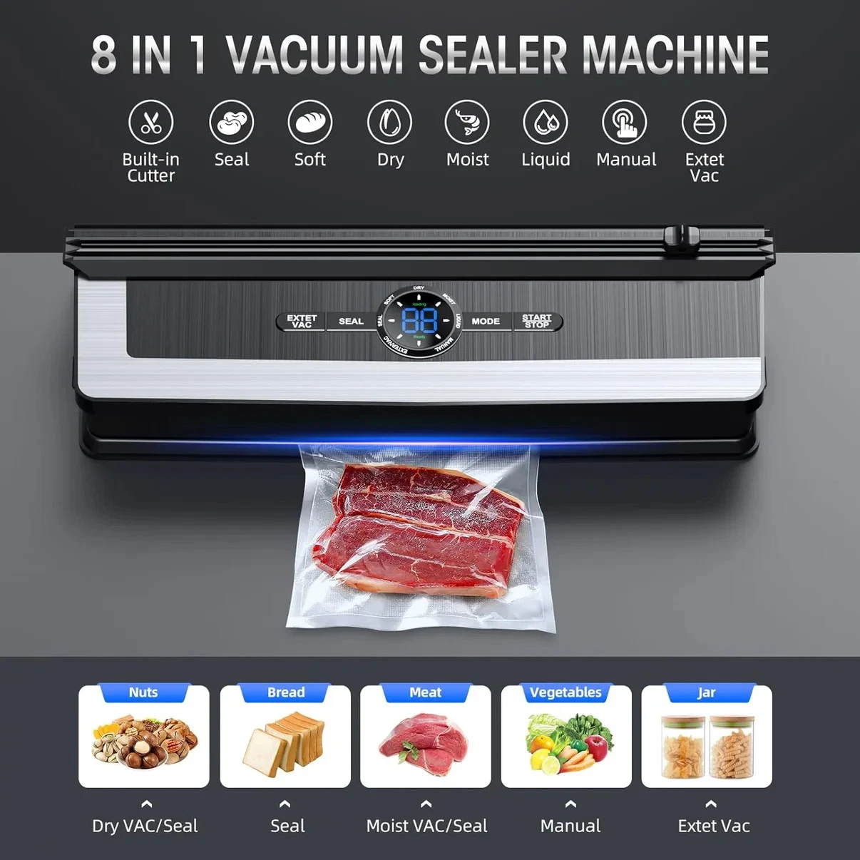 Vacuum Sealer Machine - 8 in 1 Food Food Modes with 15Pcs Seal Bags Kit (Black)