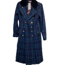 Joe Browns Women's Long Coat UK 8 Blue Green Check Double Breasted Padded DE 