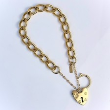18K GL Solid Vintage Style Faceted Curb Yellow Gold Bracelet with Heart Padlock