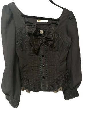 Cuice Vintage 90s Fitted Blouse Top Sz L Jrs Black Cotton Big Bow Rhinestones