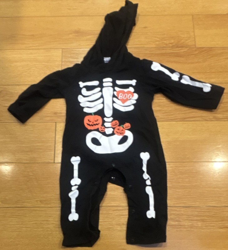 Skeleton Halloween Costume One piece Hooded 12-18 Months Black White Orange