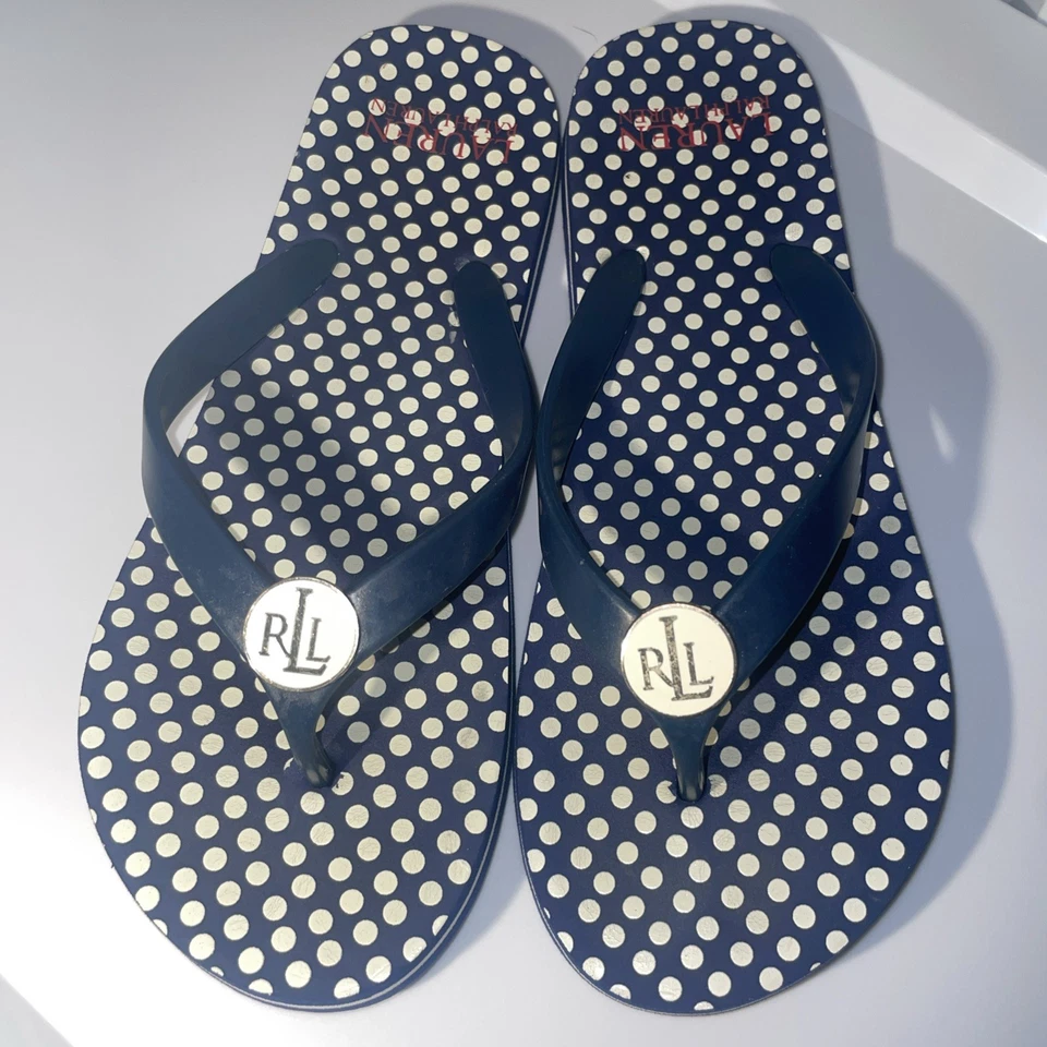 Chanclas Ralph Lauren para mujer 7/8 azul marino blanco lunares preppy Foto 2 de 4