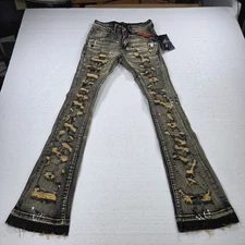 THRT Jeans Mens 28 Black Distressed Ripped Flare Stacked Paint Splatter Raw Hem