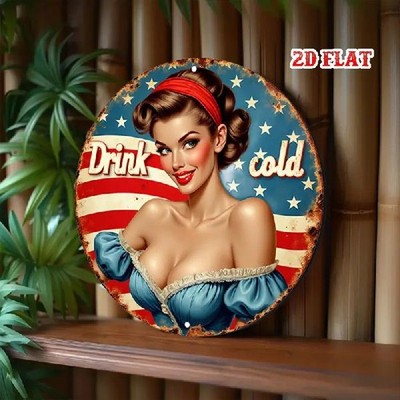 Blechschild rund Pin Up Girl Drink Cold Vintage Nostalgie Metallschild TEL3768