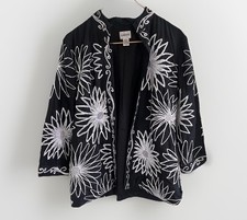 Chico's Black Jacket Silk minimalist with White Floral Embroidery