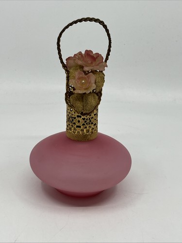 Vintage Irice Frosted Pink & Gold Glass Perfume Bottle Basket of Flowers 6” - Picture 5 of 11