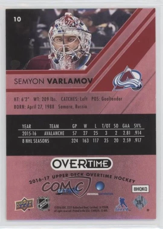 2016-17 Upper Deck Overtime Red Foil /99 Semyon Varlamov #10 - Image 2 of 2