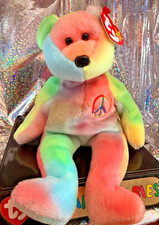 TY RETIRED Beanie Babies - PEACE Bear 1996 Tye Dyed Bear w.Peace Chest Emblem