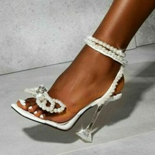 Pearls Bowknot Women's Clear Sandals Stilettos Heels Shoes Rhinestones Occident