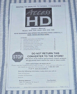 OWNERS MANUAL for ACCESS HD Digital To Analog Converter 1010, 1020, 1030, 1050